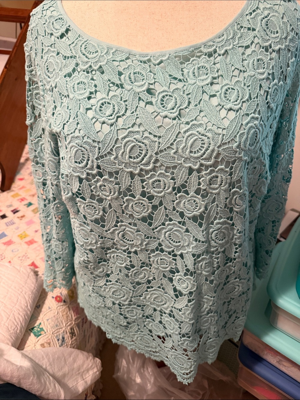 Talbots Mint Green Floral Crochet Scoop-Neck Top